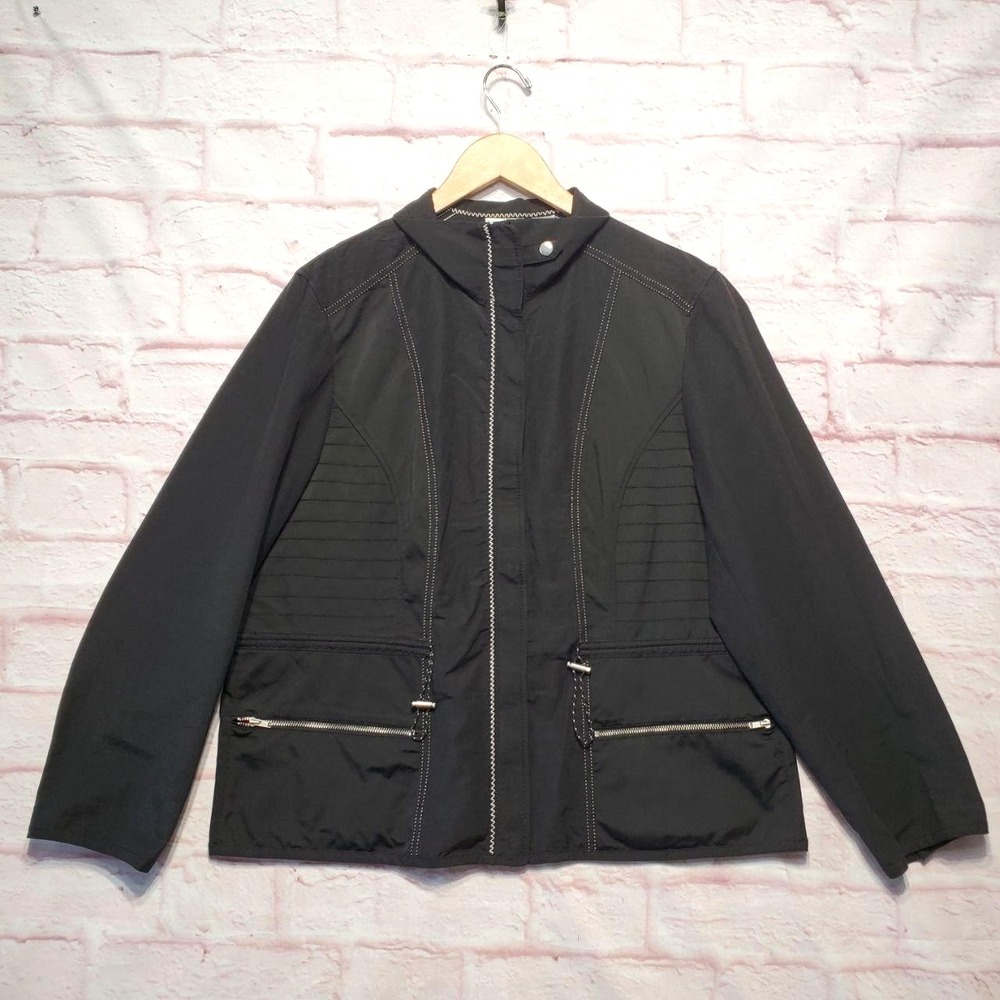 Chicos Moto Style Zip Jacket Womens 3 XL Black White Pockets Contrast Stitch